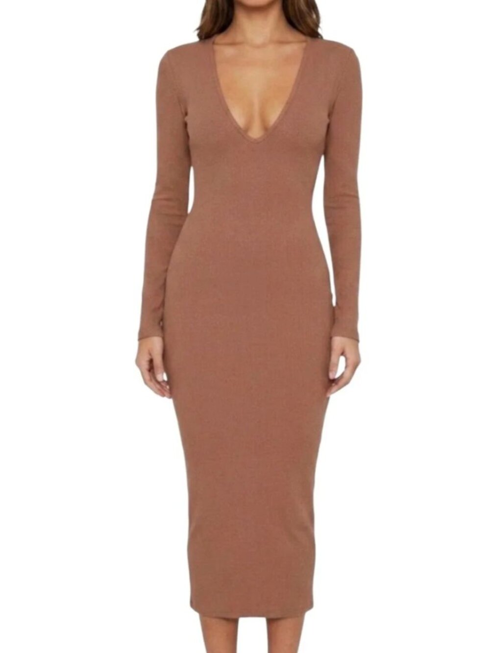 NWOT Naked Wardrobe long sleeve v-neck bodycon midi dress - SZ MED